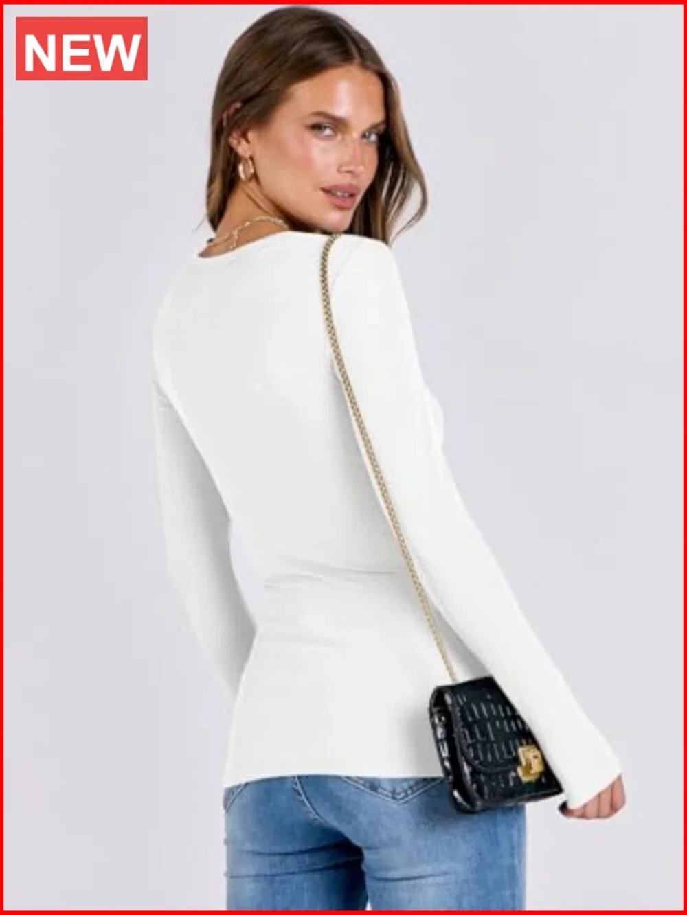 Long Sleeve Rib Knit Slim Fit T-Shirt Basic Tee Rayon Elastane - Picture 5 of 7